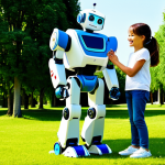 A joyful young child with a bright smile, wearing modest, casual attire, stands next to a powerful 'Hello Carbot' robot in its transformed robot form. The robot is sleek and colorful, with correct proportions. The child looks up at the robot with wonder and excitement. The setting is a brightly lit, family-friendly outdoor park with green trees and a clear sky. The overall atmosphere is wholesome and imaginative. safe for work, appropriate content, fully clothed, modest, perfect anatomy, natural pose, well-formed hands, natural body proportions, professional photography, high quality.