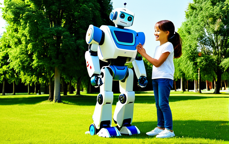 A joyful young child with a bright smile, wearing modest, casual attire, stands next to a powerful 'Hello Carbot' robot in its transformed robot form. The robot is sleek and colorful, with correct proportions. The child looks up at the robot with wonder and excitement. The setting is a brightly lit, family-friendly outdoor park with green trees and a clear sky. The overall atmosphere is wholesome and imaginative. safe for work, appropriate content, fully clothed, modest, perfect anatomy, natural pose, well-formed hands, natural body proportions, professional photography, high quality.