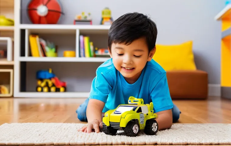 헬로카봇 제품 후기 및 사용법 - **Imaginative Play with Hello Carbot:**
    A vibrant, medium shot image of a young boy, around 6-7 ...