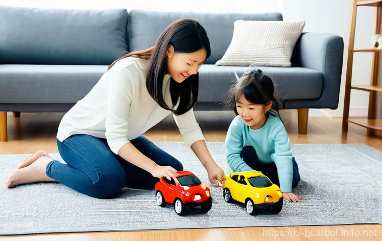 헬로카봇 제품 후기 및 사용법 - **Family Choosing Hello Carbot in a Toy Store:**
    A warm, inviting full-shot image set in a well-...