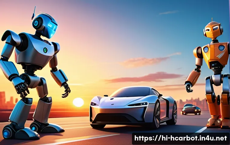 헬로카봇 시리즈별 엔딩 요약 - A vibrant animated scene featuring a group of colorful, anthropomorphic car robots in a lively frien...