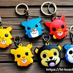 Home 14 헬로카봇 캐릭터별 키 체인 출시 정보 - A vibrant collection of Hello Carbot keychains displayed on a wooden table, featuring a variety of c...