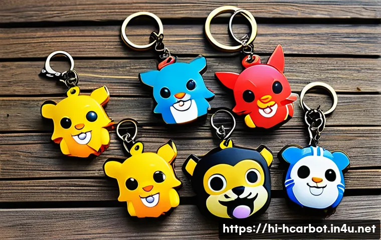 헬로카봇 캐릭터별 키 체인 출시 정보 - A vibrant collection of Hello Carbot keychains displayed on a wooden table, featuring a variety of c...